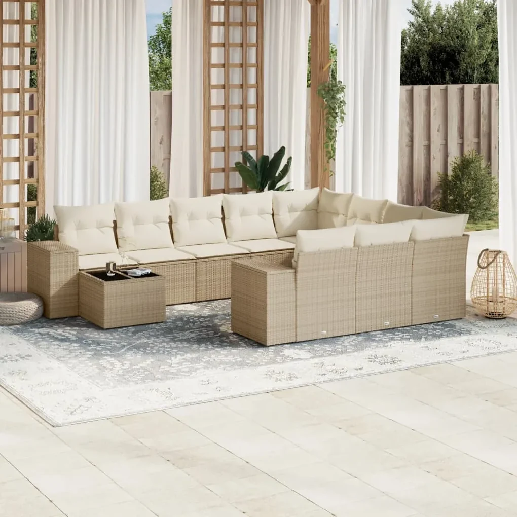 Set divani da giardino 11 pz con cuscini beige in polyrattan
