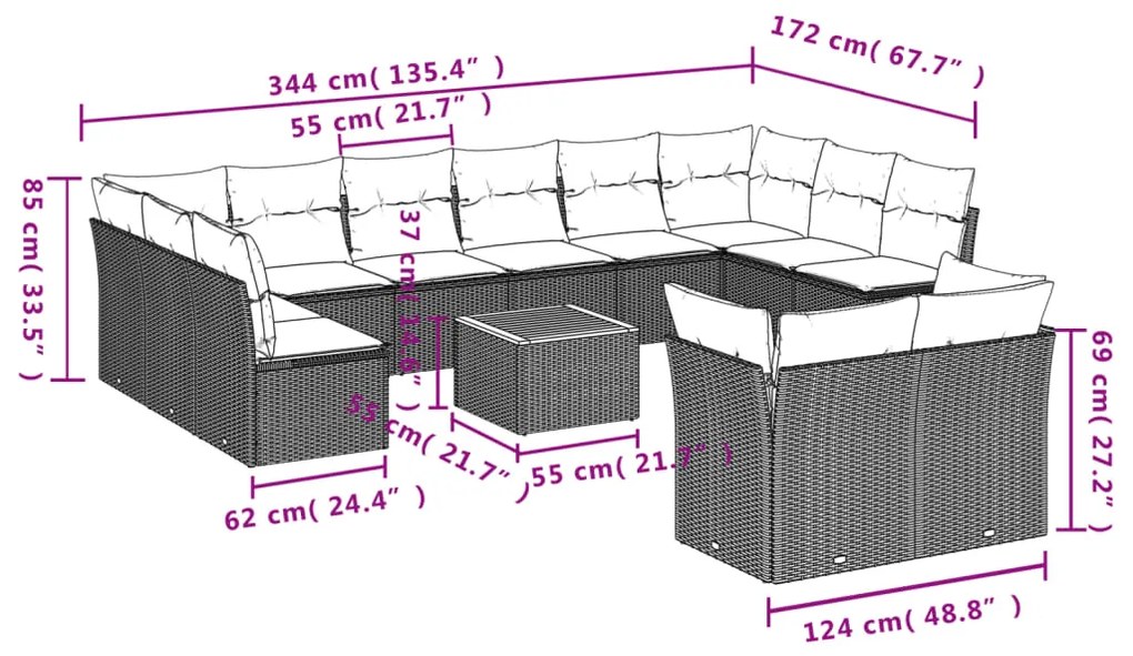 Set divani da giardino 13pz con cuscini nero in polyrattan