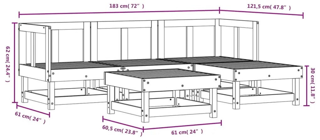 Set Salotto da Giardino 5 pz Nero in Legno Massello di Pino