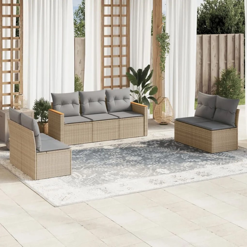 Set Divano da Giardino 7 pz con Cuscini Beige Misto Polyrattan