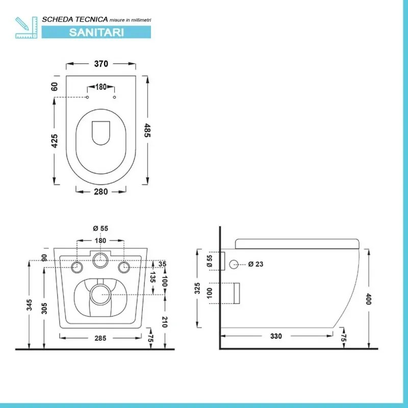 Wc sospeso salvaspazio Rimless in ceramica lucida serie Tokyo