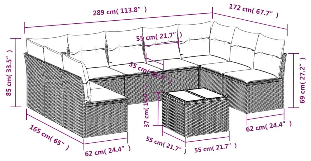 Set divano da giardino 10 pz con cuscini grigio in polyrattan