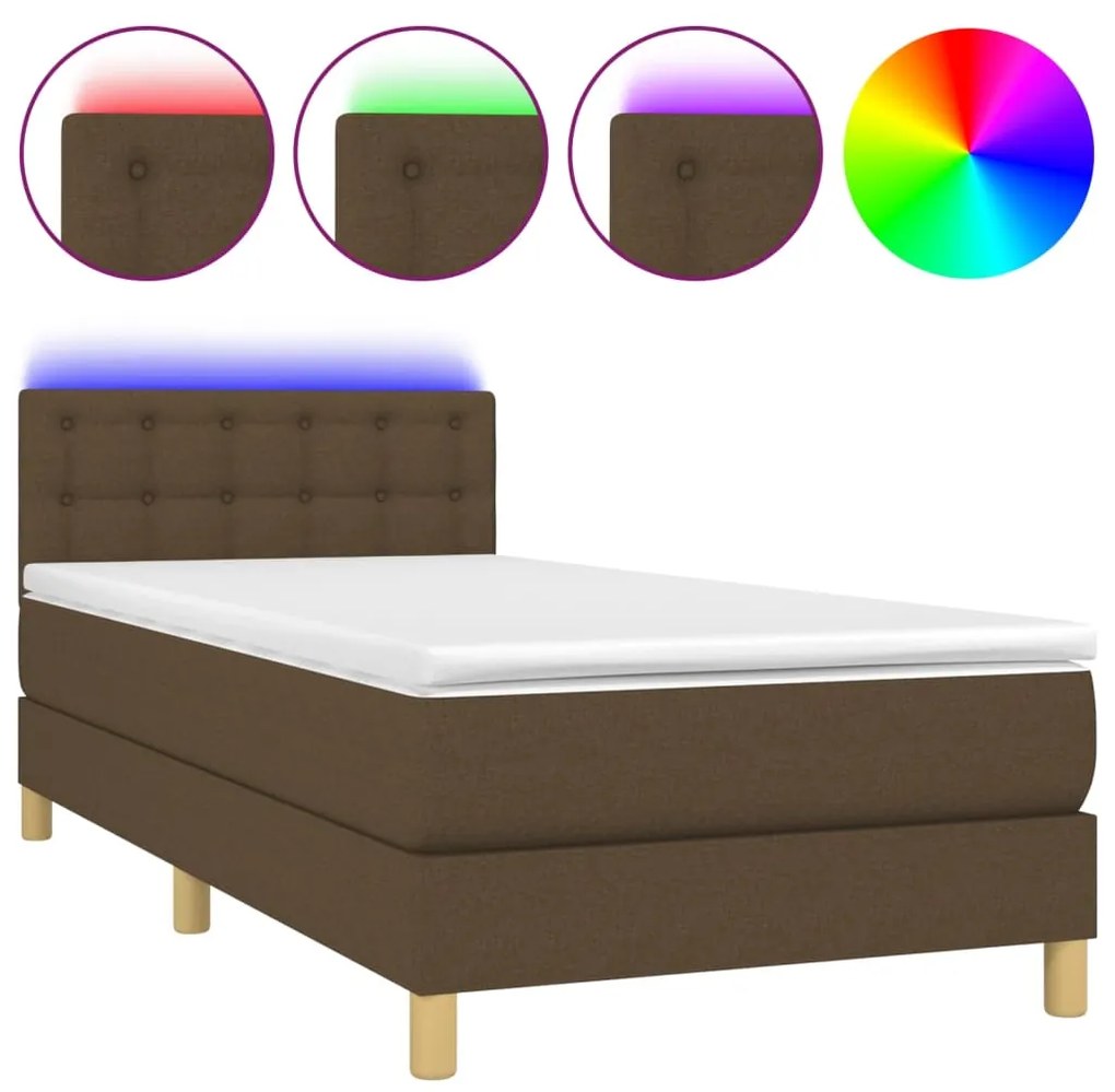 Letto a molle materasso e led marrone scuro 80x200cm in tessuto