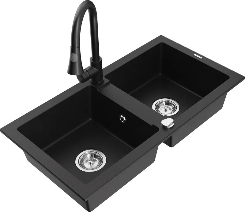 Mexen Mario lavello da cucina in granito a 2 vasche con rubinetto da cucina Elia, nero - 6504-77-670101-70