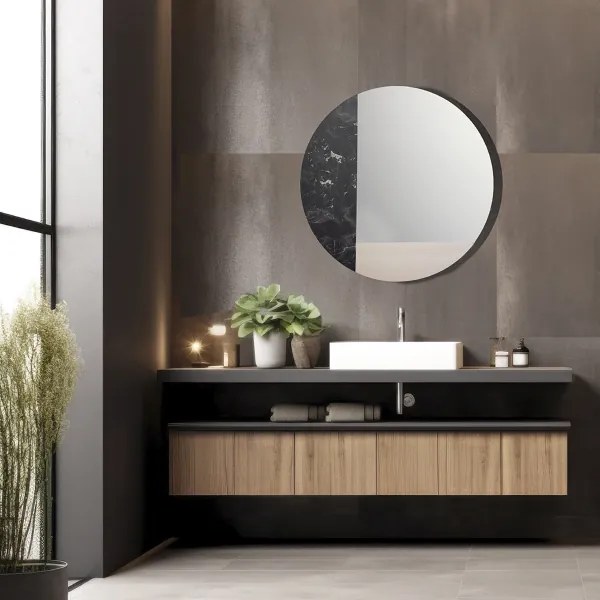 Specchio rotondo 80 cm marmo laminato nero e foglia argento - THOMAS