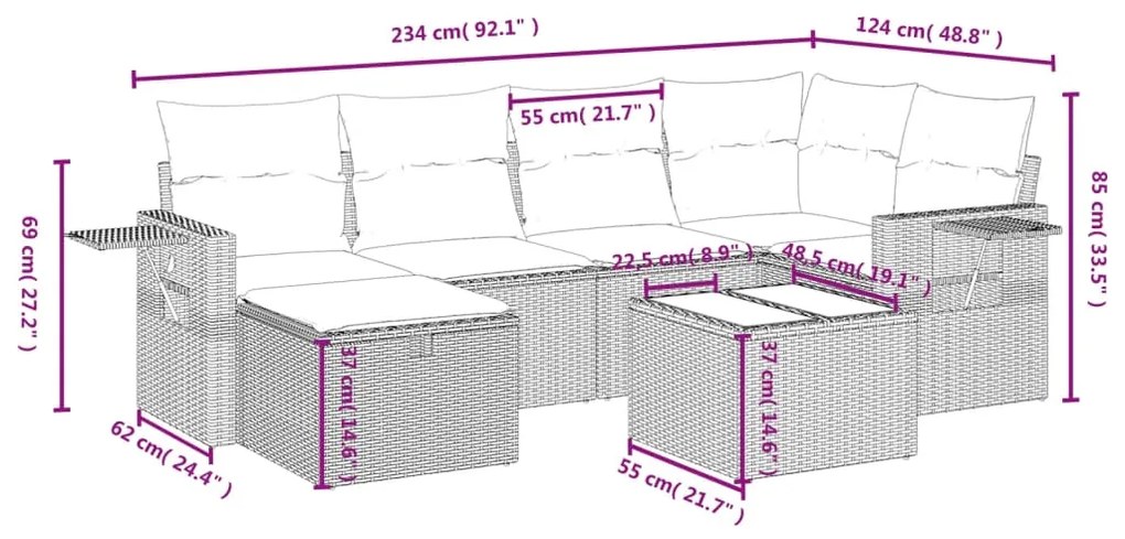 Set divano da giardino 7 pz con cuscini beige misto polyrattan