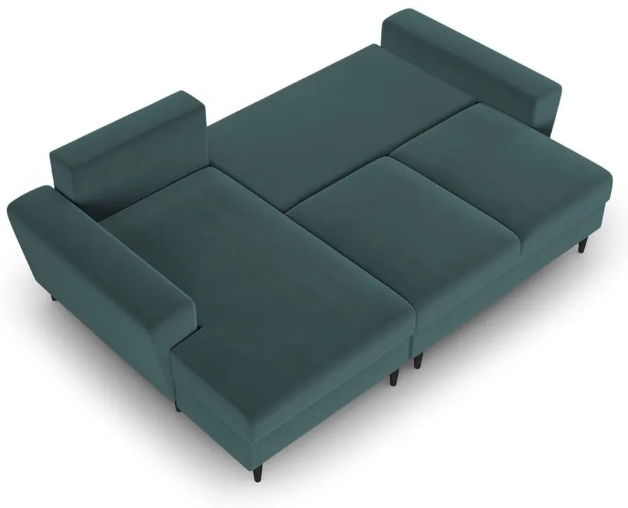Divano angolare color petrolio allungabile e con contenitore (con penisola a sinistra/con chaise lounge) con rivestimento in velluto Kyoto – Cosmopolitan Design