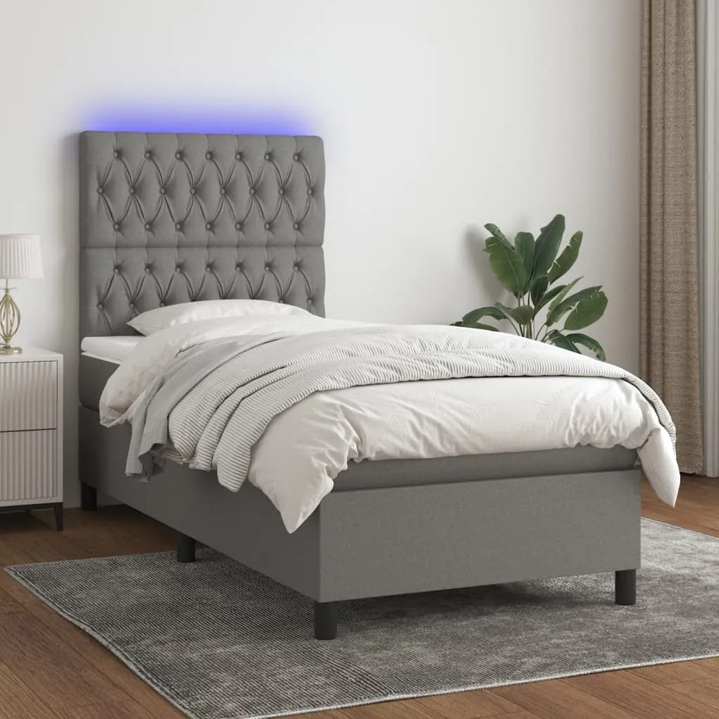 Letto a molle materasso e led grigio scuro 90x200 cm in tessuto