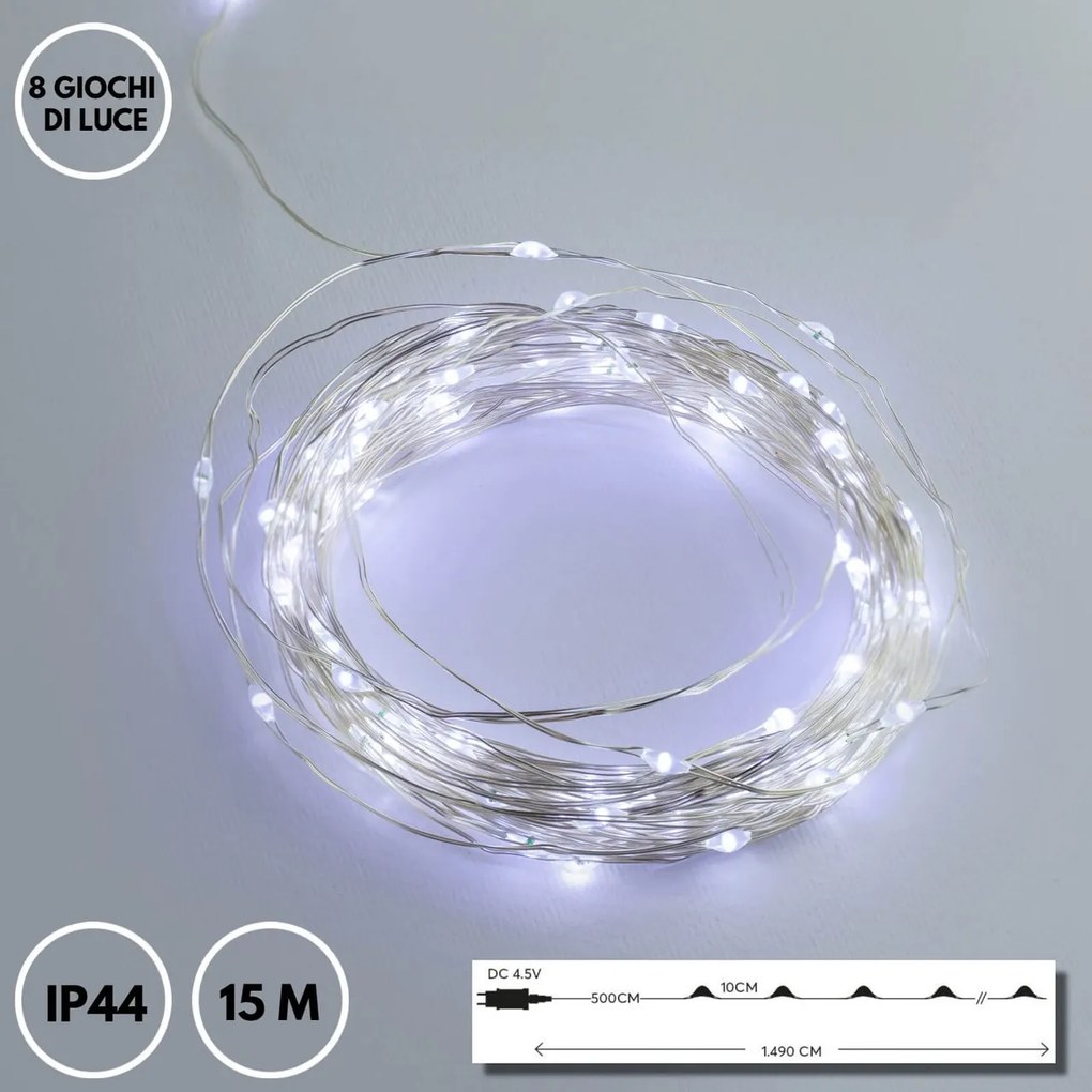 Mini LED 8 GIOCHI DI LUCE 15m Cavo ARGENTO IP44 Colore Bianco Freddo 7500 - 8500 °K