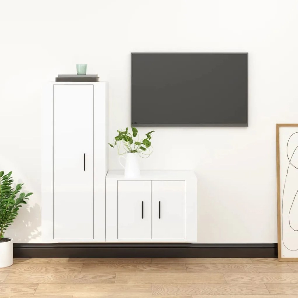Set Di Mobili Porta Tv 2 Pz Bianco Lucido İn Legno Multistrato /