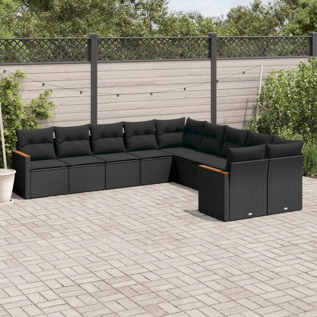 Set Divani da Giardino 10pz con Cuscini in Polyrattan Nero