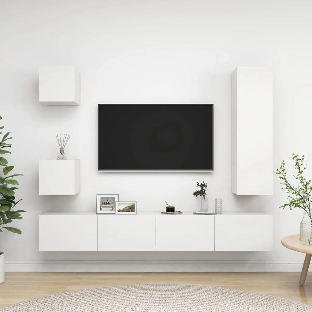 Set Di Mobili Porta Tv 5 Pz Bianco İn Legno Multistrato /