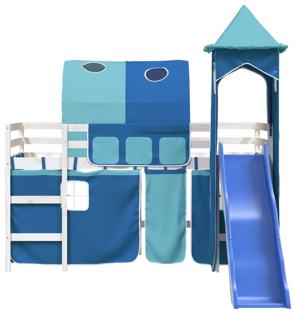 Letto a soppalco con torre bambini blu 80x200cm massello pino