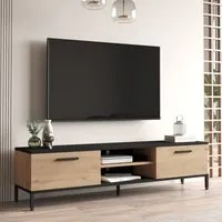 Mobile Basso 'Lempl' Supporto TV con Passaggio Cavi Consolle con Sportelli a Ribalta - Effetto Rovere / Nero