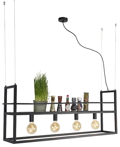 Lampada a sospensione intelligente nera con mensola grande 4 luci incl. Wifi G95 - Cage Rack