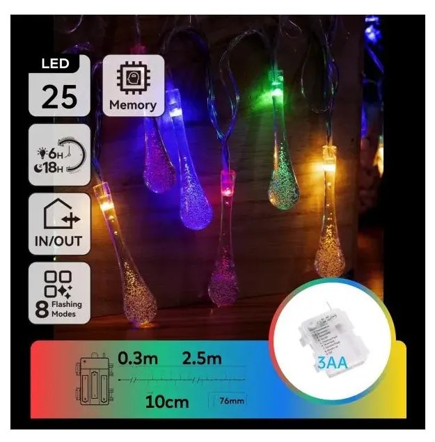 Aigostar - LED RGBY Catena luminosa natalizia da esterno 25xLED/8 funzioni 3xAA 2,5m IP44 gocce