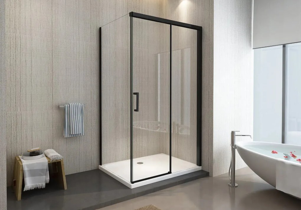 Box Doccia Cristallo 8mm trasparente 2 lati 1 fisso + 1 scorrevole soft-close nero reversibile 70x120 cm