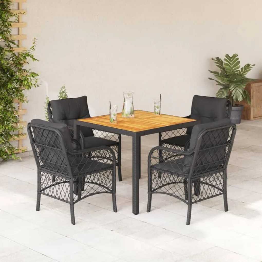 Set da Pranzo da Giardino 5 pz Nero con Cuscini in Polyrattan