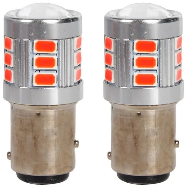 2pz Lampada Led BAY15D S25 P21/5W 18 SMD 3030 12V 24V 300lm 1W/2.5W Doppio Filamento Rosso Piedi Sfalsati 45mm