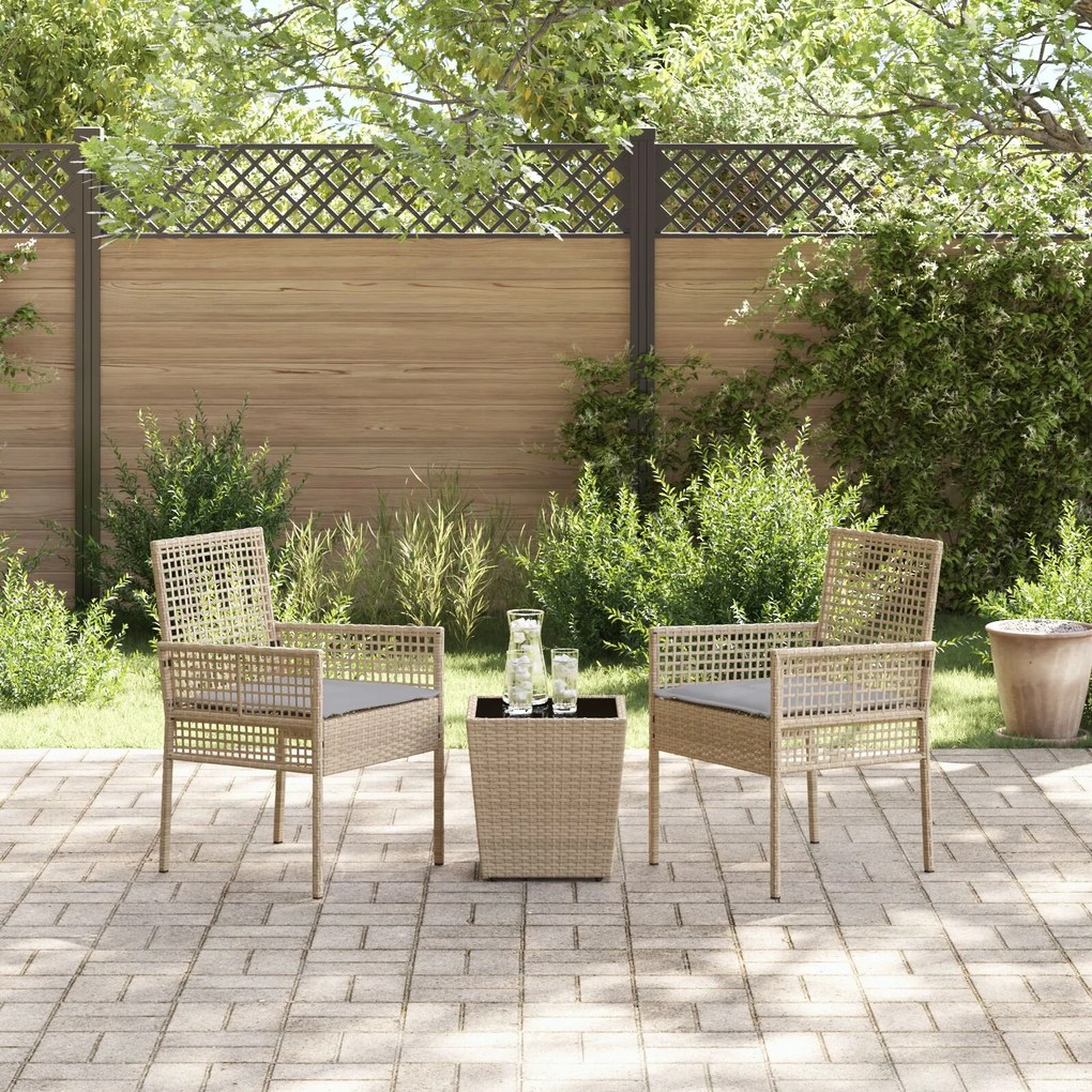 Set bistro da giardino 3 pezzi con cuscini beige in polyrattan