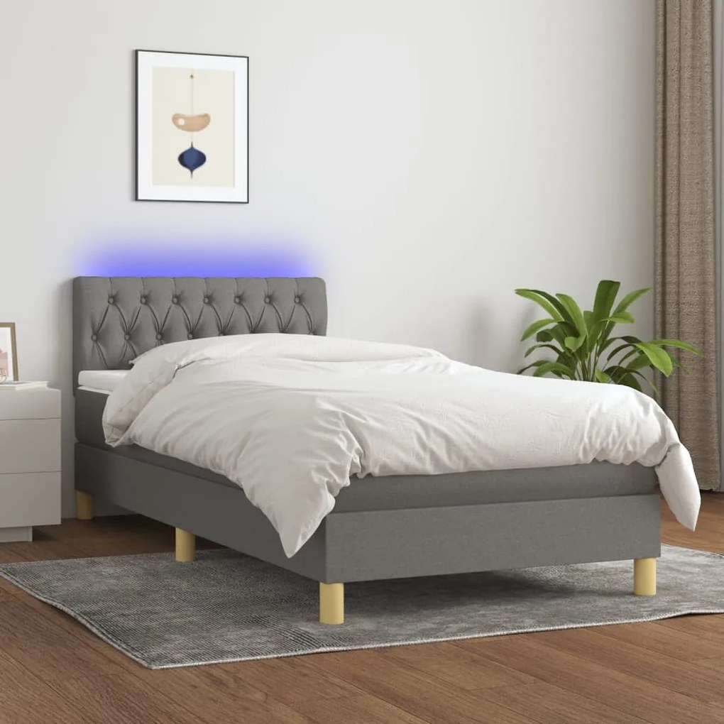 Letto a molle materasso e led grigio scuro 100x200cm in tessuto