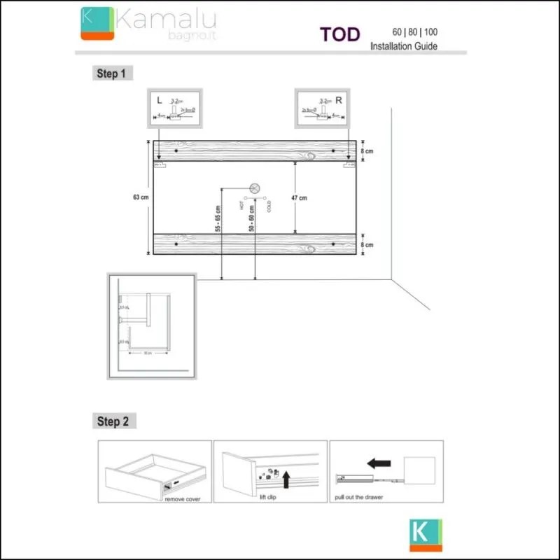 Kamalu - composizione lavabo con mobile 60 cm, colonna e specchio tod-60b