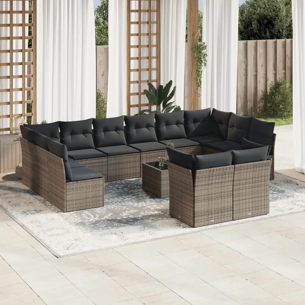 Set divani da giardino 13 pz con cuscini grigio in polyrattan