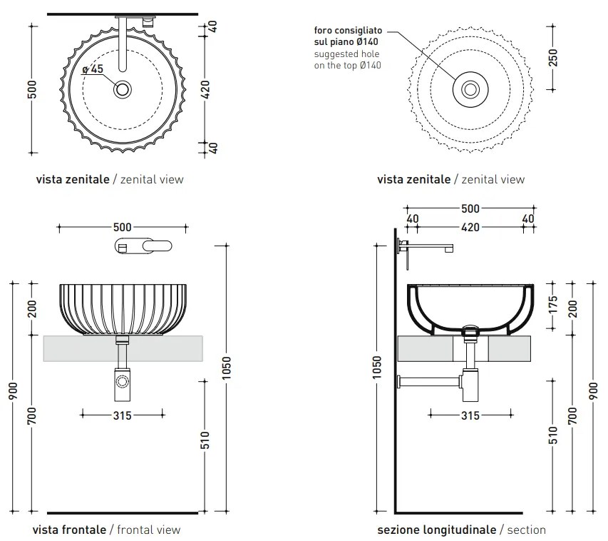 Flaminia Settecento Lavabo cm 50 da appoggio senza troppopieno in ceramica bianco