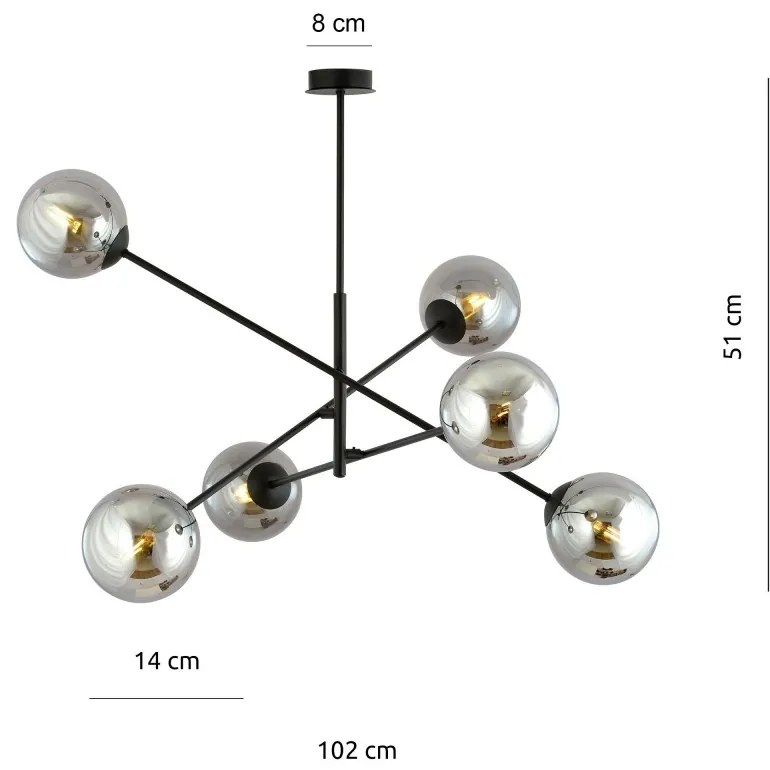 Lampadario da Soffitto in Acciaio e Vetro LINEAR 6 Nero 6xE14 Colore delle Sfere Grafite