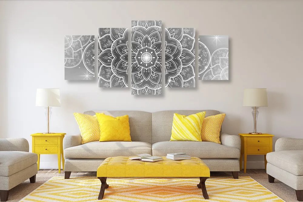 Quadri 5 pezzi – Mandala orientale in bianco e nero
