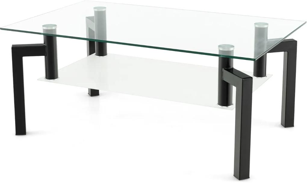 Costway Tavolino d’accento moderno a 2 livelli e piano in vetro temperato, Tavolino da caffè rettangolare in vetro Nero
