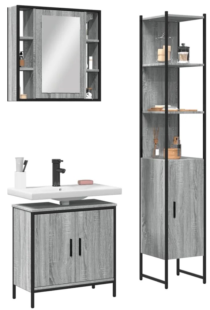 Set mobili da bagno 3 pz grigio sonoma in legno multistrato