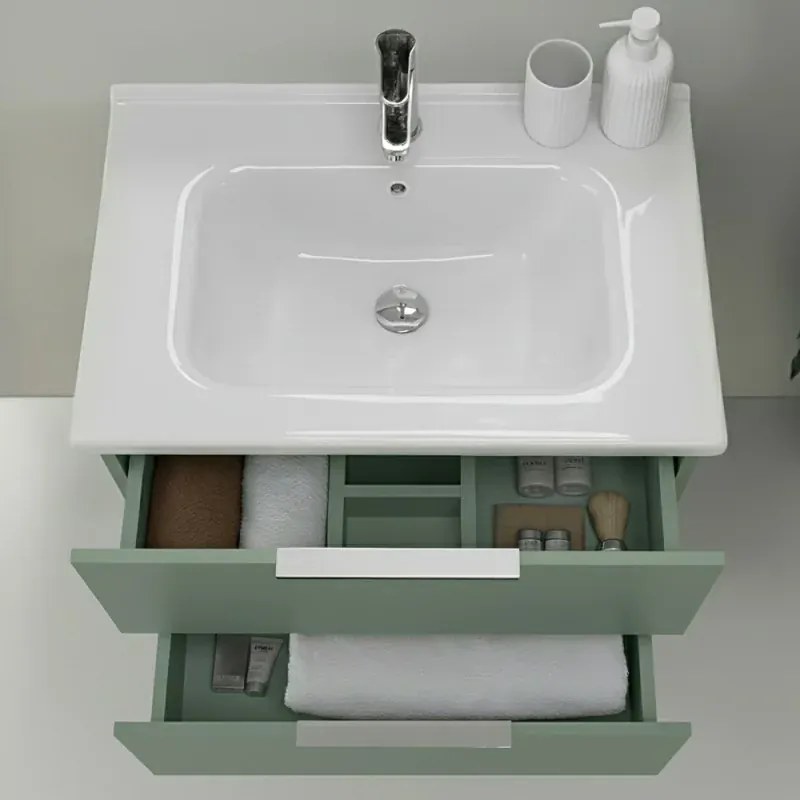Mobile bagno sospeso 100cm verde opaco con cassetti lavabo e specchio Elva