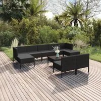 Set Divani da Giardino 10 pz con Cuscini in Polyrattan Nero 3094553