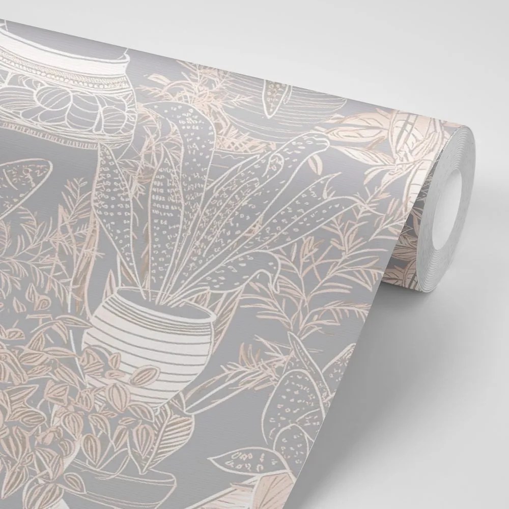 Carta da parati – Motivo botanico in tonalità grigio-beige