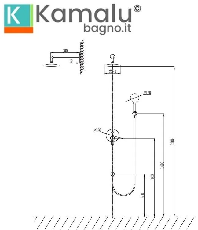 Kamalu - set doccia con soffione tondo, doccetta e miscelatore | kam-arte c5000