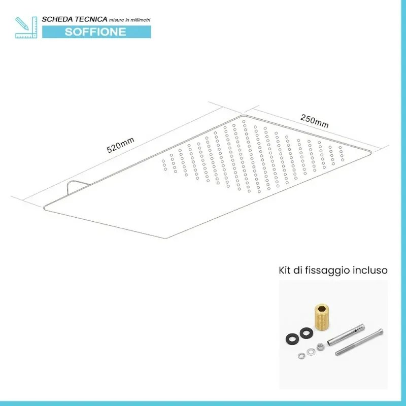 Soffione doccia a sbalzo slim 25x52 cm nero opaco in acciaio inox