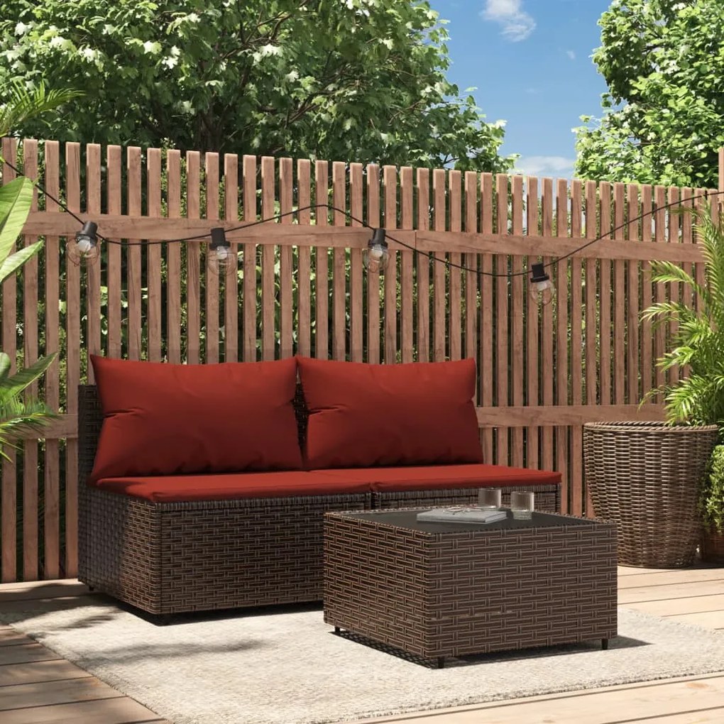 Set Mobili da Giardino 3 pz con Cuscini in Polyrattan Marrone