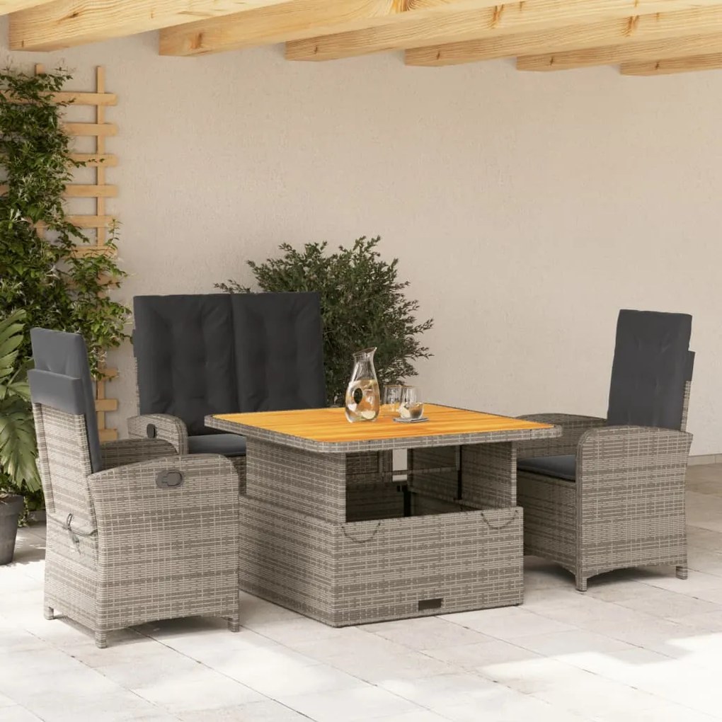 Set da pranzo da giardino 4 pz con cuscini in polyrattan grigio