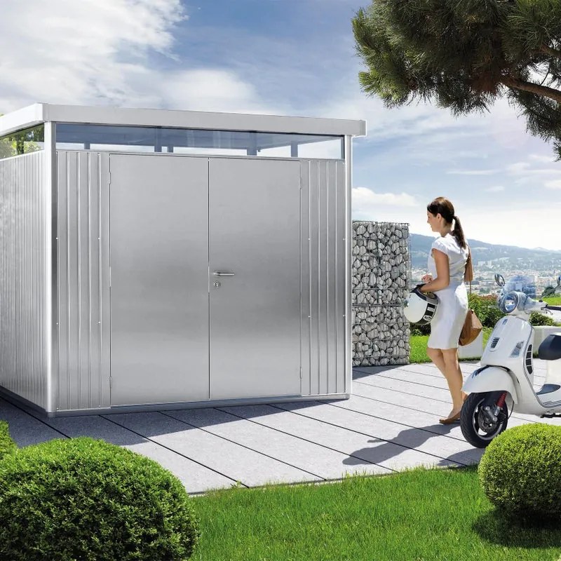 Casetta da giardino BIOHORT Highline H2 in acciaio grigio chiaro con porta doppio battente, superficie interna 4.33 m² e spessore parete 0.5 mm