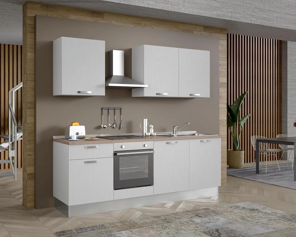 Cucina montata Dora bianco spatolato, lavello a destra, L 240 cm, completa di: cappa a camino, piano cottura a induzione, forno