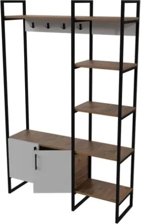 Mobile Ingresso Industrial 120x34x180 Con Scarpiera Appendiabiti E Ripiani Yago Bianco E Rovere