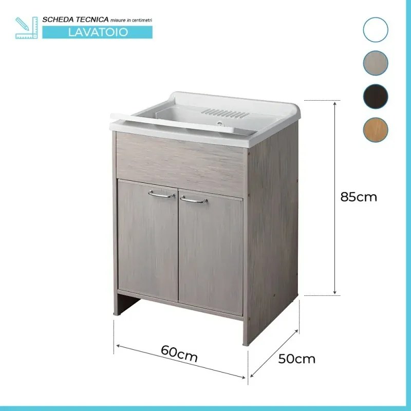 Mobile lavatoio rovere 60x50 con vasca e asse lavapanni in resina