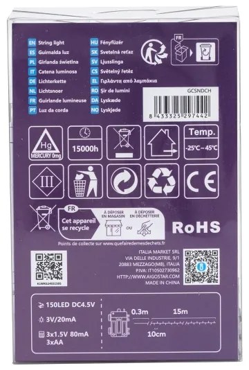 Aigostar - Catena luminosa LED per esterni 150 LED/8 funzioni, 15,3 m, IP44, bianco freddo