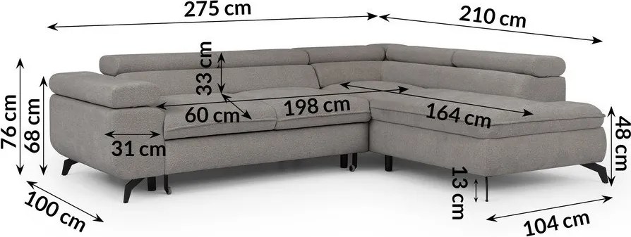 Divano angolare grigio chiaro (con penisola a destra/a L) con rivestimento in ciniglia Marbeya – Ropez