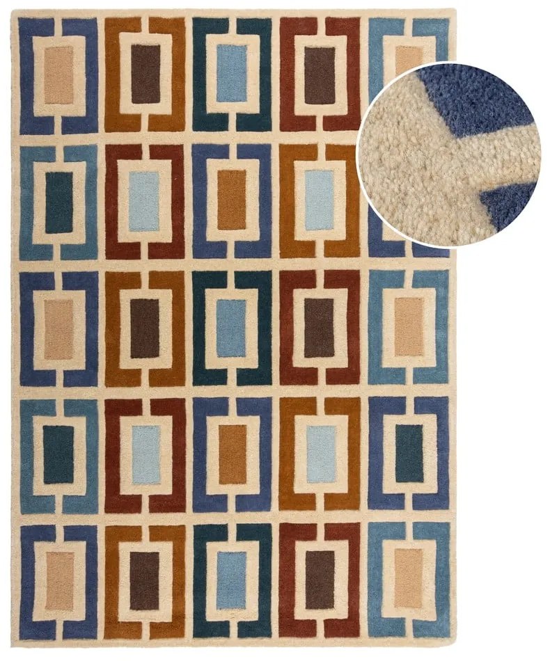 Tappeto in lana blu-arancio tessuto a mano 120x170 cm Retro Blocks - Flair Rugs