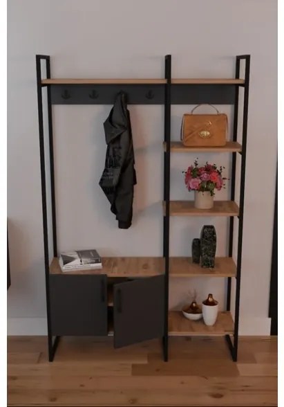 Mobile Ingresso Industrial 120x34x180 Con Scarpiera Appendiabiti E Ripiani Yago Antracite E Rovere