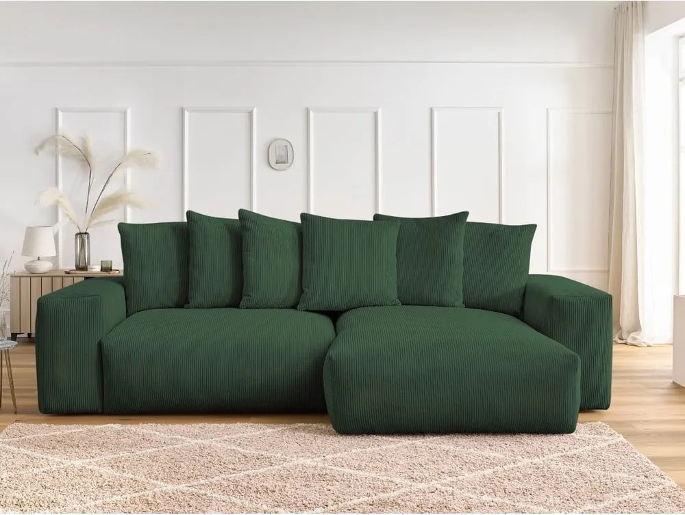 Divano angolare verde allungabile e con contenitore rivestito in velluto a coste Voltaire – Bobochic Paris