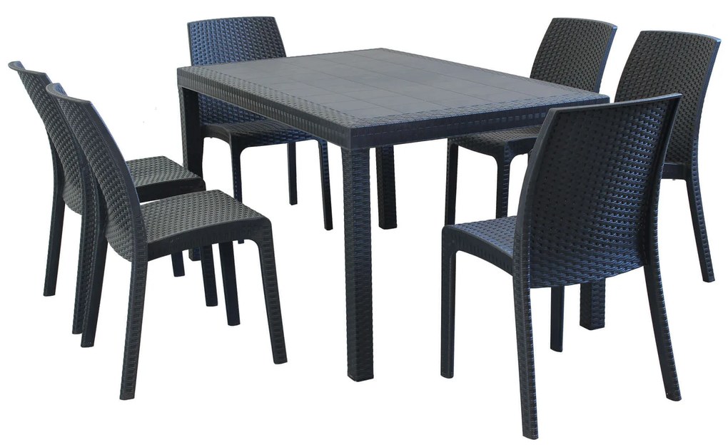 CALIGOLA - set tavolo in resina effetto rattan cm 150 x 90 x 74 h con 6 sedie Alma