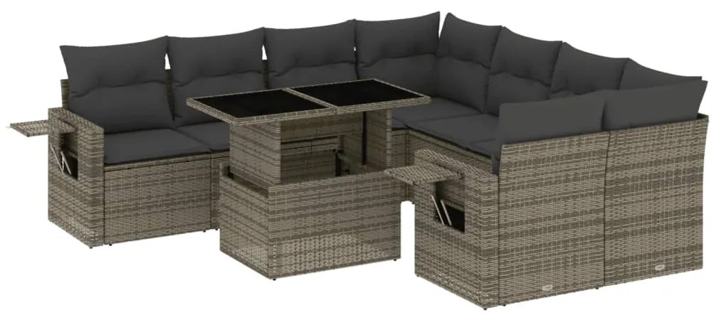 Set divano da giardino 9 pz con cuscini grigio in polyrattan